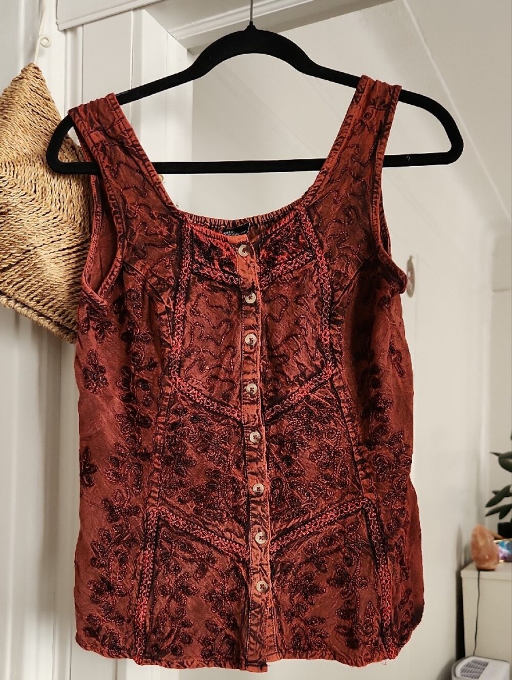 Embroidered Button-Front Tank Top in Rust - Picture 4 of 4